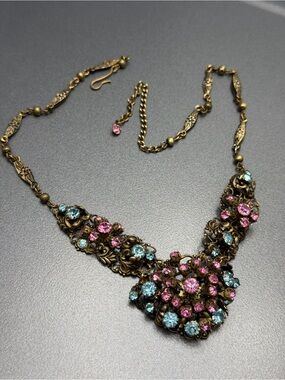 Antique Czech  Pink & Blue Rhinestone Floral Statement Necklace